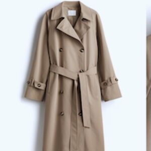 H&M  Women's Trench Coat Double Breasted Ankle Lenght Small Khaki